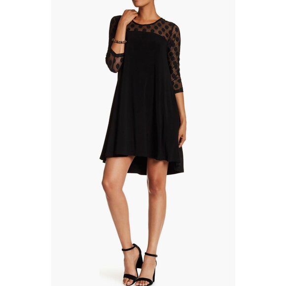 Nina Leonard Womens Illusion High Low Swing Dress Black Polka Dot Mesh size XL - Picture 1 of 12